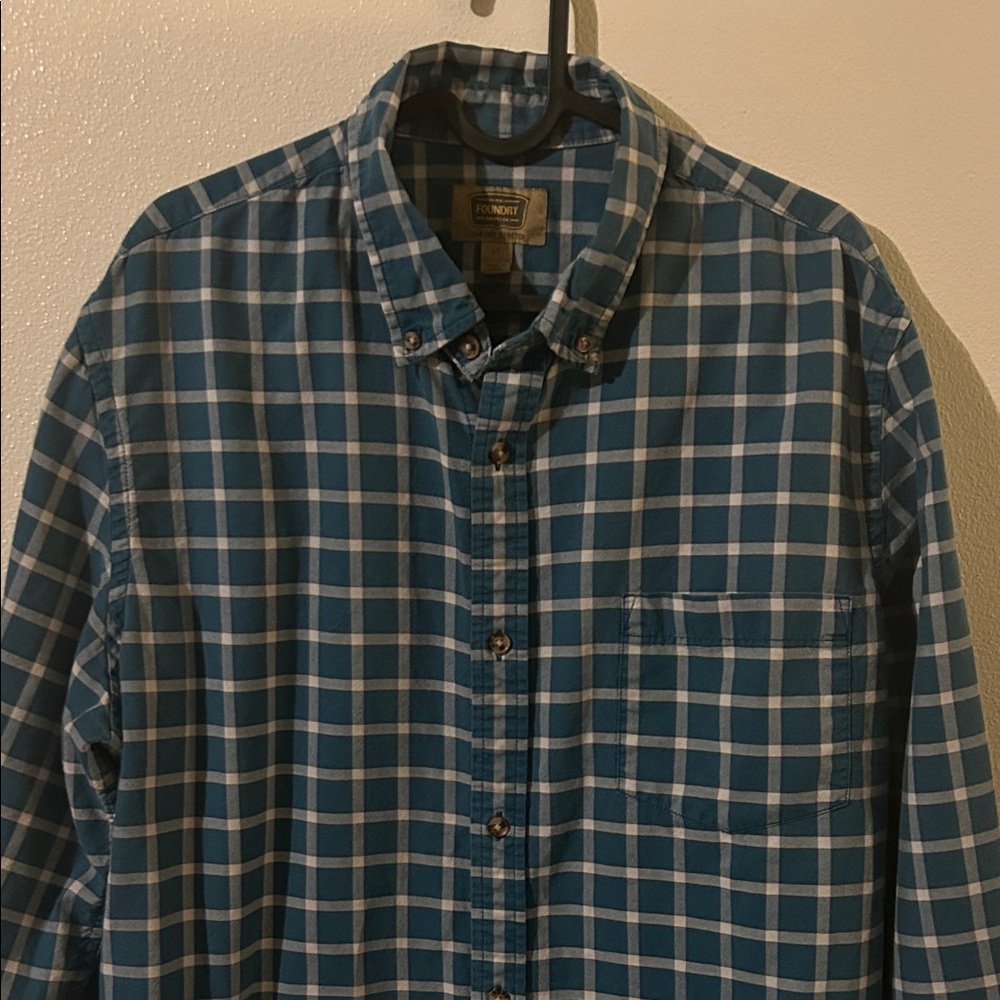 Foundry Men's Comfort Stretch Blue/White Check Plaid Button Down LS Shirt...LT